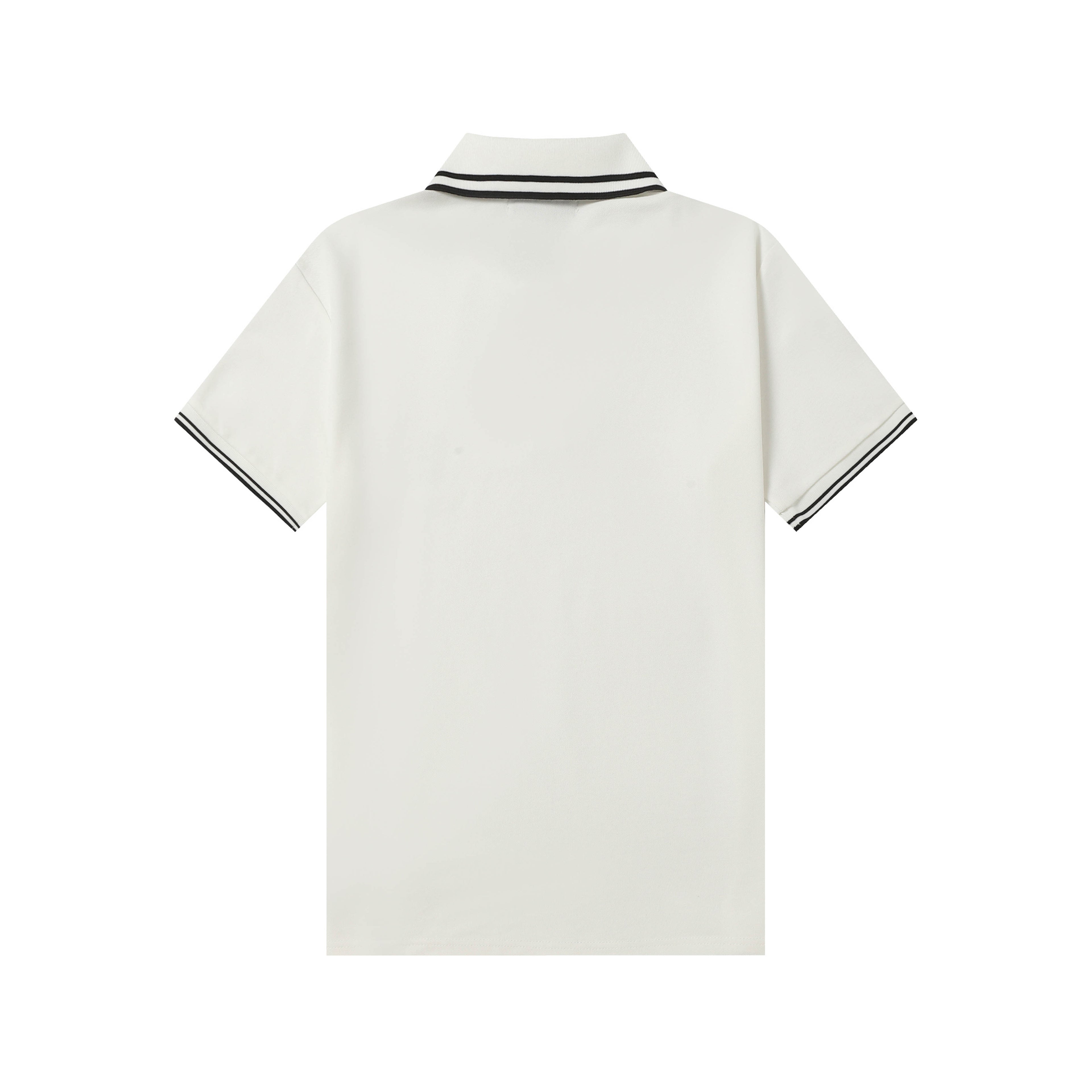 White polo shirt back view with ribbed black striped collar