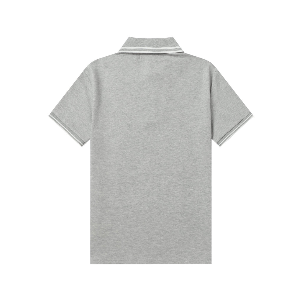 Light gray polo shirt back view with striped ribbed collar