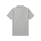 Light gray polo shirt back view with striped ribbed collar