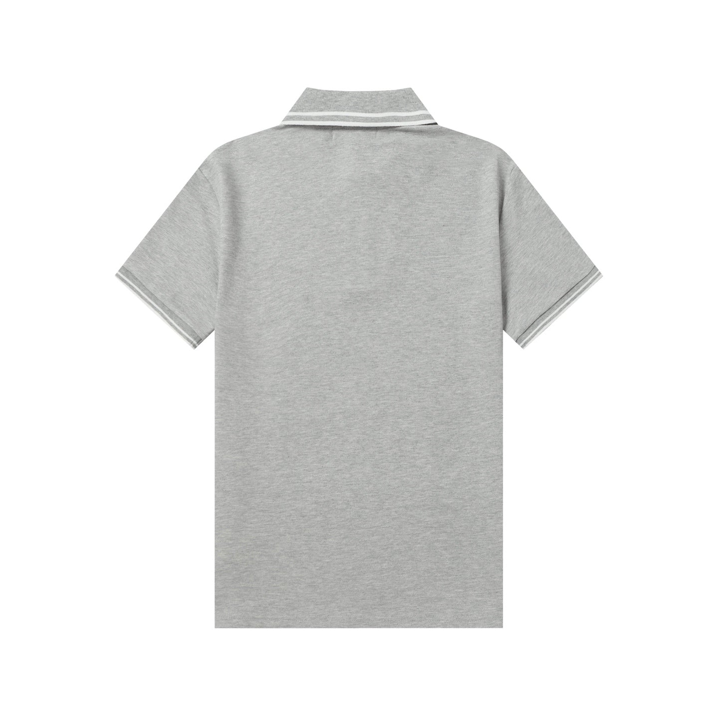 Light gray polo shirt back view with striped ribbed collar