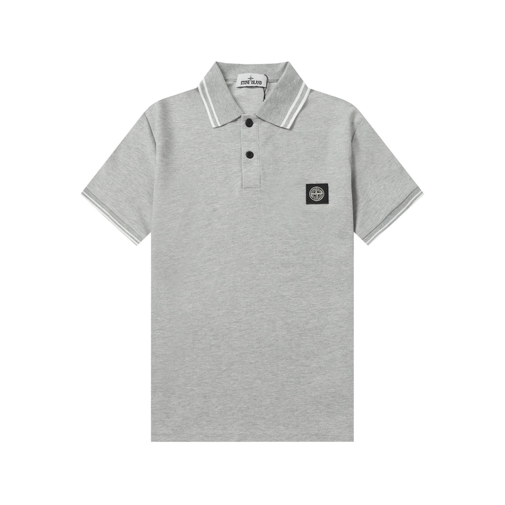 Light gray Stone Island polo shirt with striped collar and chest badge