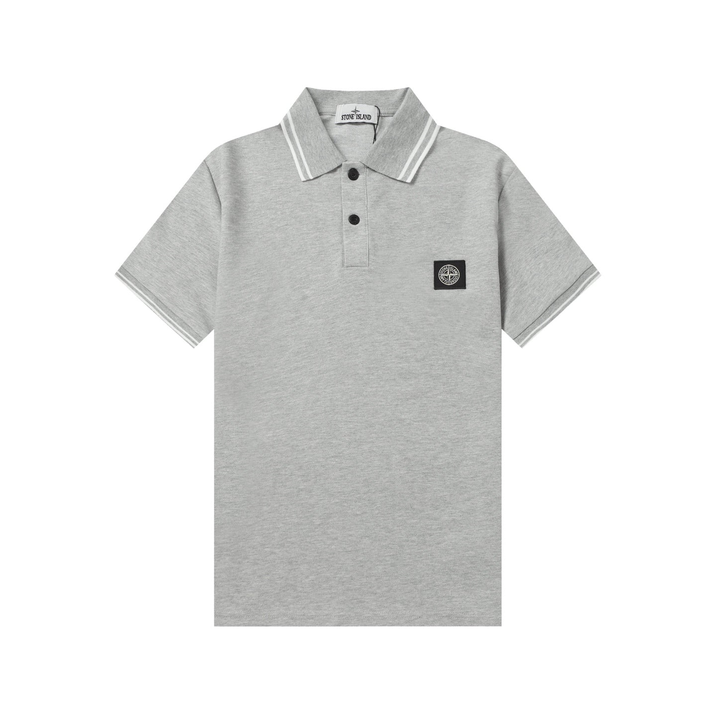 Light gray Stone Island polo shirt with striped collar and chest badge