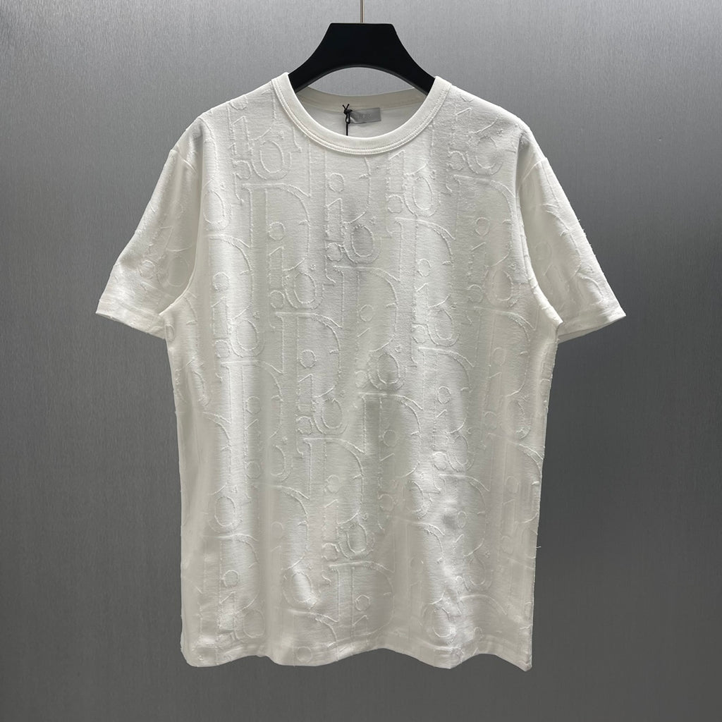 White Dior short-sleeve T-shirt with subtle embossed pattern and crew neckline