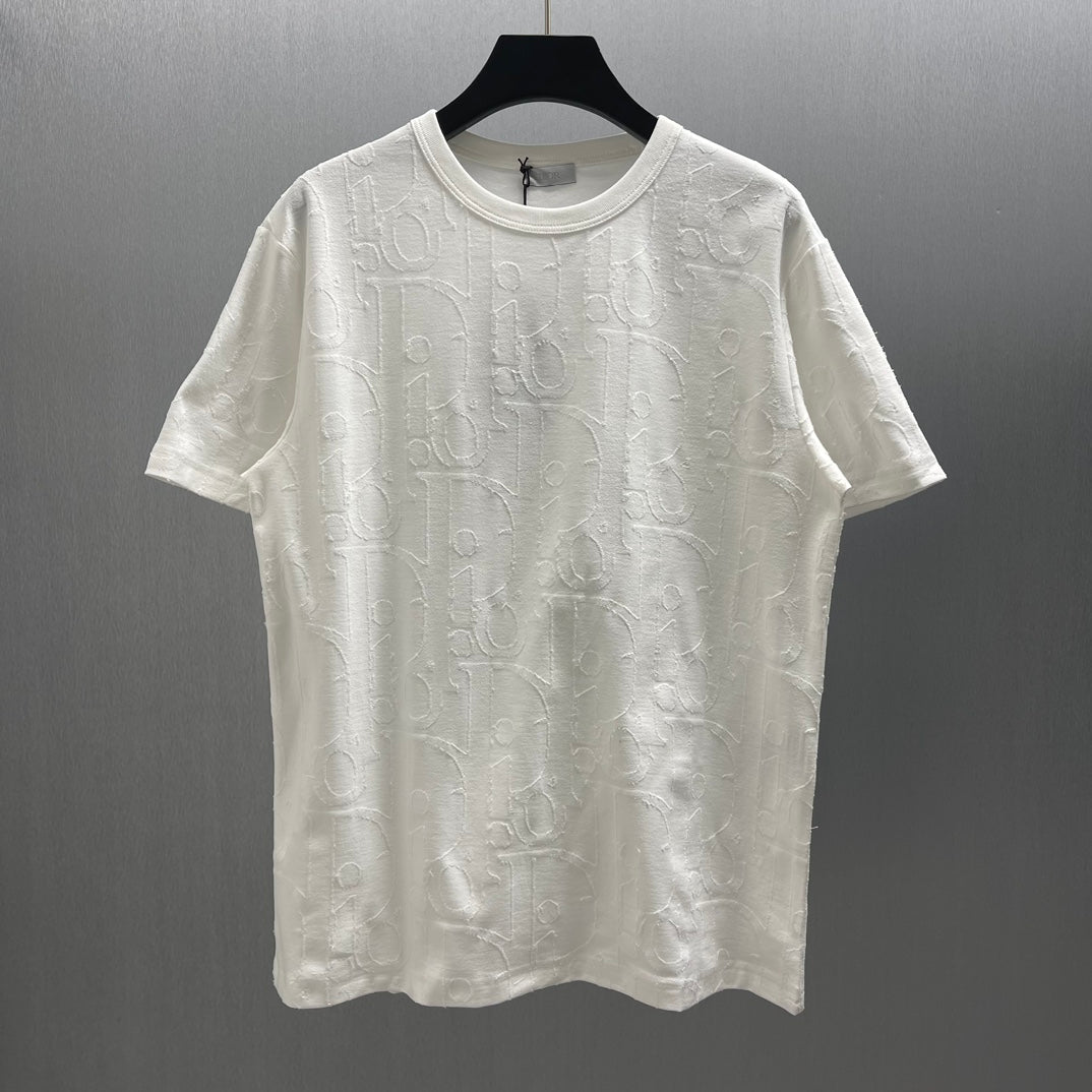 White Dior short-sleeve T-shirt with subtle embossed pattern and crew neckline