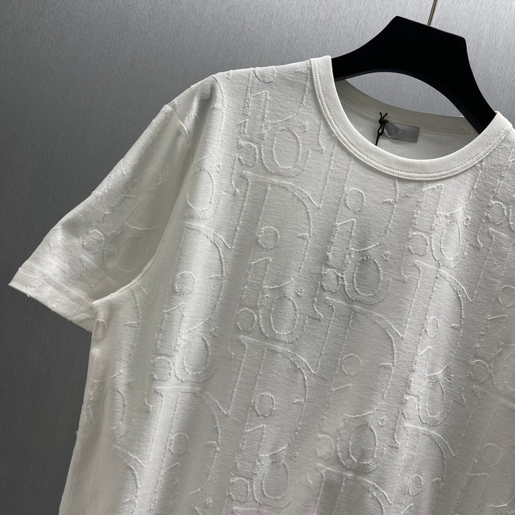 White Dior short-sleeve T-shirt with embossed monogram-style pattern and ribbed crew neck