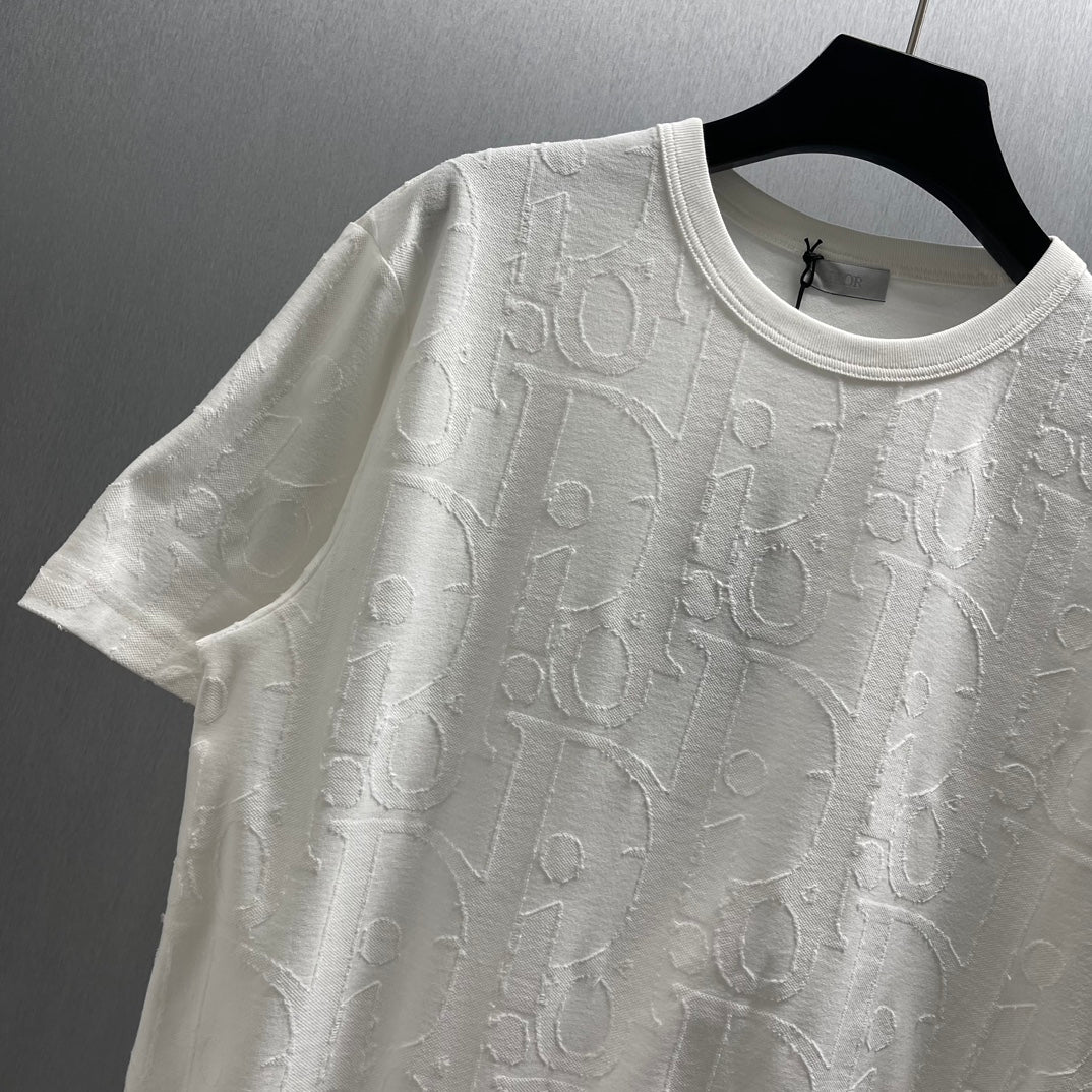 White Dior short-sleeve T-shirt with embossed monogram-style pattern and ribbed crew neck