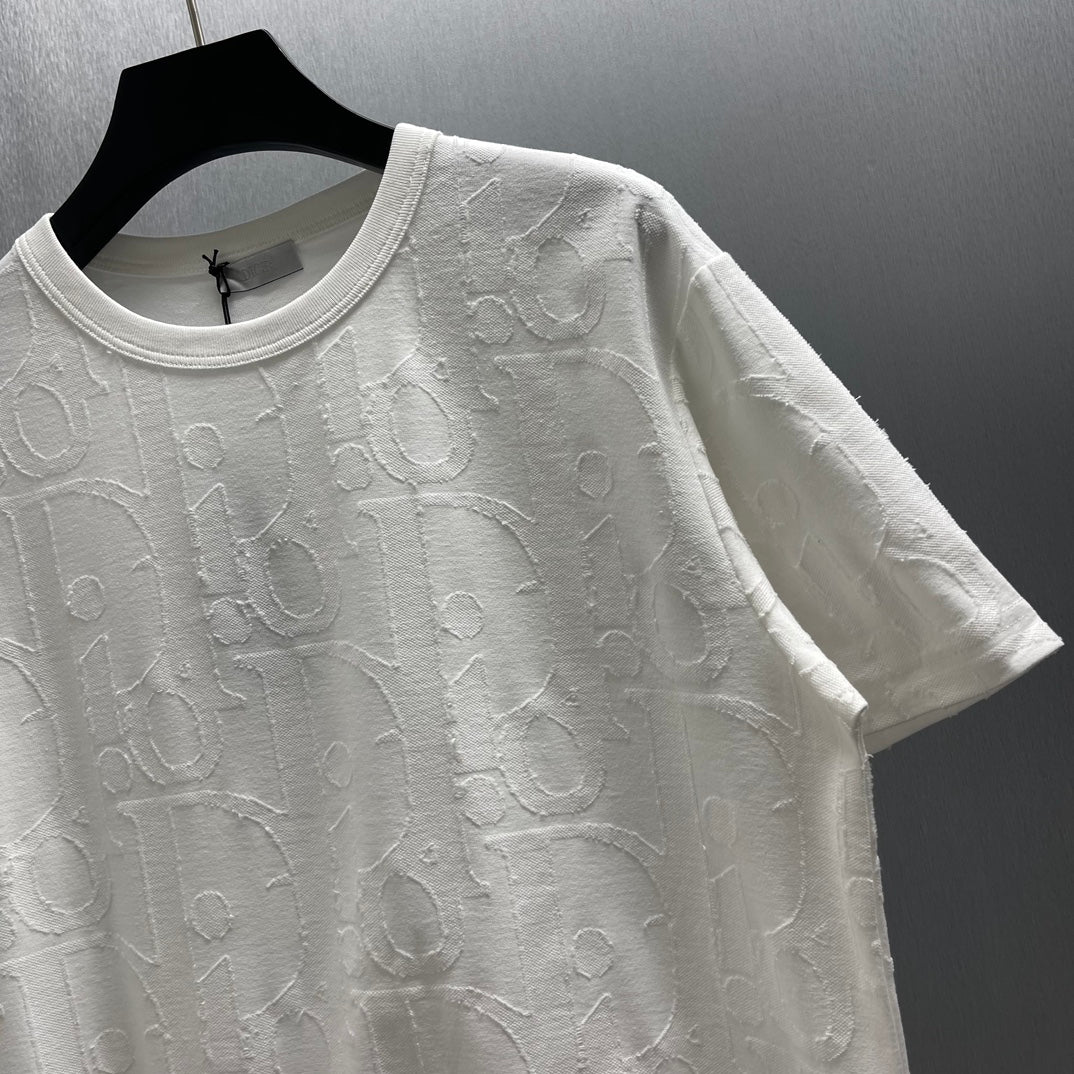 White Dior short-sleeve T-shirt with crew neck and textured embossed pattern on chest