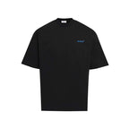 Black short-sleeve T-shirt with small chest logo text