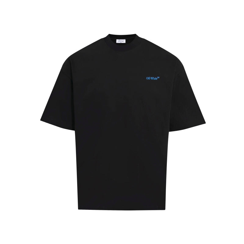 Black short-sleeve T-shirt with small chest logo text