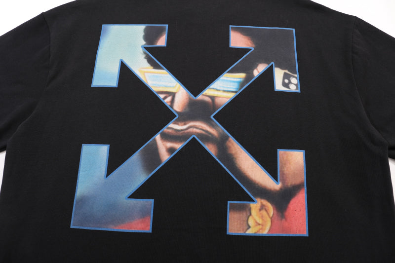 Black short-sleeve T-shirt with large multicolor X graphic on the back
