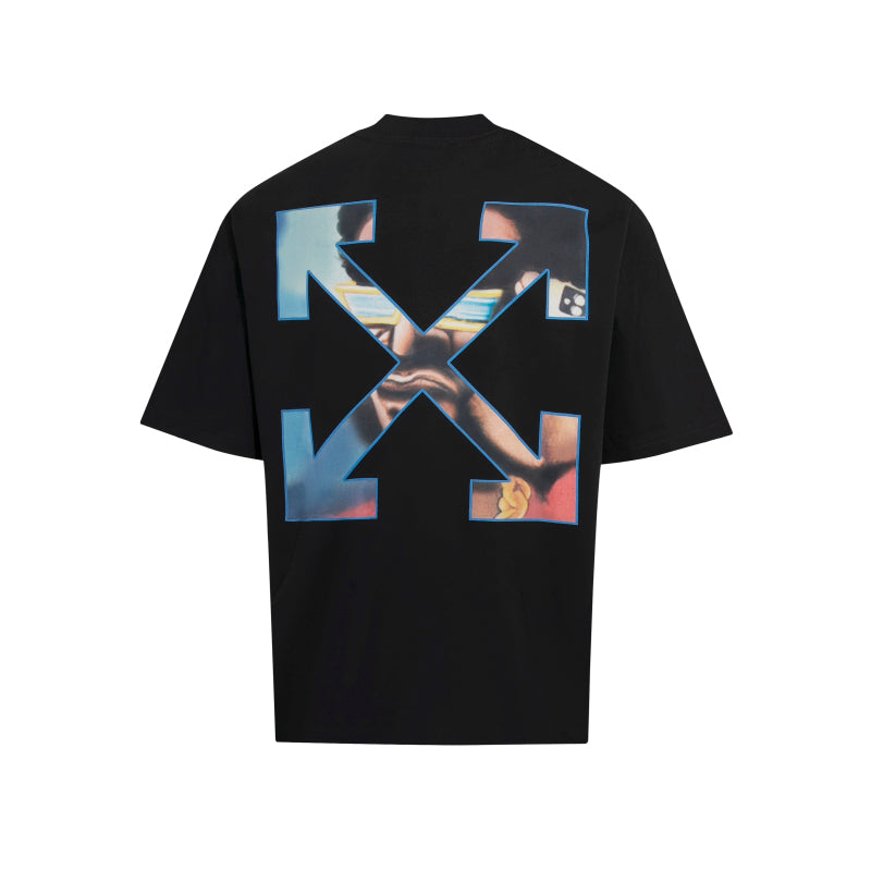 Black short-sleeve T-shirt with large multicolor X graphic on the front