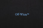 Close-up of Off-White™ logo print on black T-shirt fabric