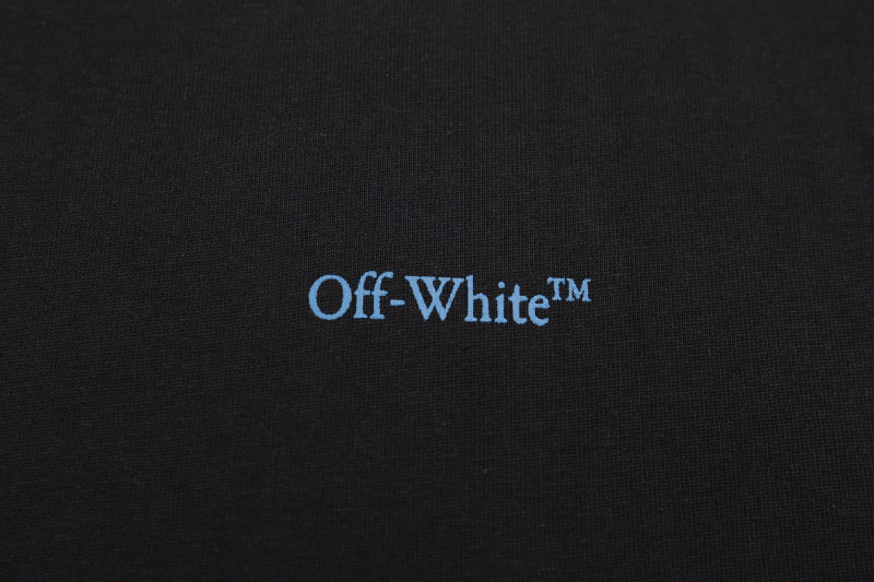 Close-up of Off-White™ logo print on black T-shirt fabric