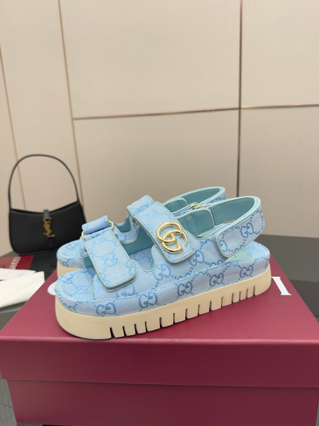 Gucci ladies light blue GG-pattern sneaker with hook-and-loop straps and gold buckle