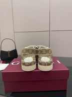 Gucci women’s sneakers showing heel and back in beige GG canvas
