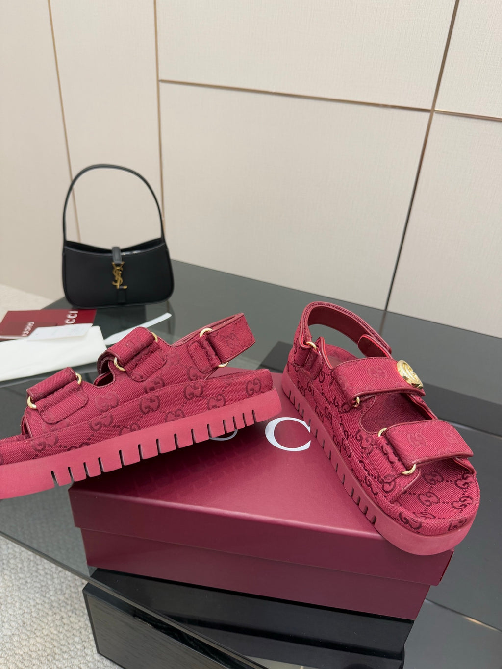 Gucci women’s fuchsia platform sneakers, GG pattern side view with thick ridged sole