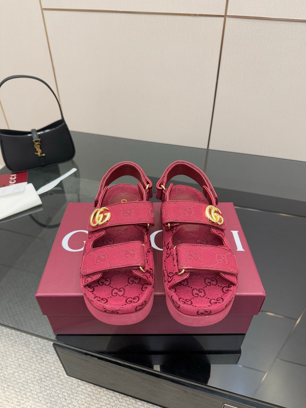 Gucci women’s platform sneakers, fuchsia with GG monogram detail and gold logo hardware