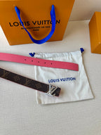 Pink leather belt strap with silver LV buckle on dark monogram belt, in pouch