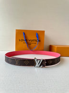 Louis Vuitton belt: dark monogram canvas with silver LV buckle and pink strap