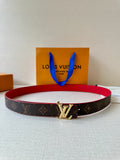 Louis Vuitton monogram belt with red interior and silver LV buckle