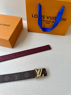 Louis Vuitton monogram belt with gold-tone buckle and burgundy leather strap