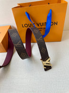 Louis Vuitton monogram belt with gold-tone buckle and burgundy inner edge