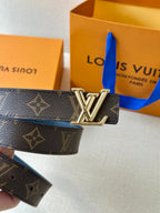 Monogram belt with gold LV buckle and dark patterned strap