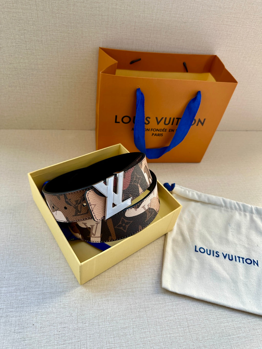 Monogram belt in gift box with gold-tone buckle and black underside