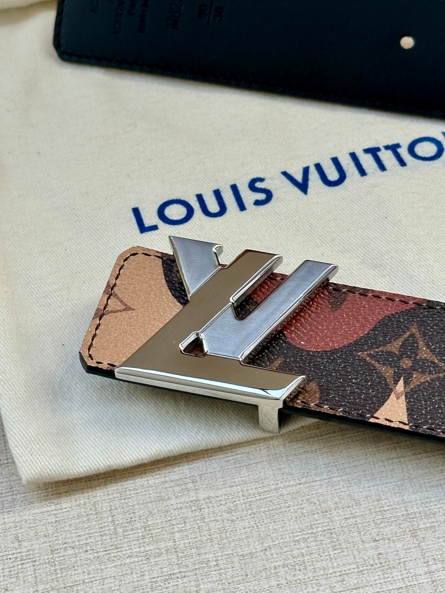 Monogram belt buckle close-up with metal clasp on patterned strap