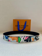 Louis Vuitton belt with multicolor patterned strap and gold-tone buckle