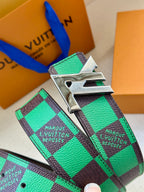 Louis Vuitton belt with green check strap and large silver buckle