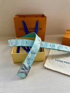 Turquoise logo-print belt with gold-tone LV buckle and matching small pouch