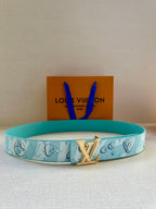 Turquoise logo-print Louis Vuitton belt with gold-tone LV buckle, adjustable strap