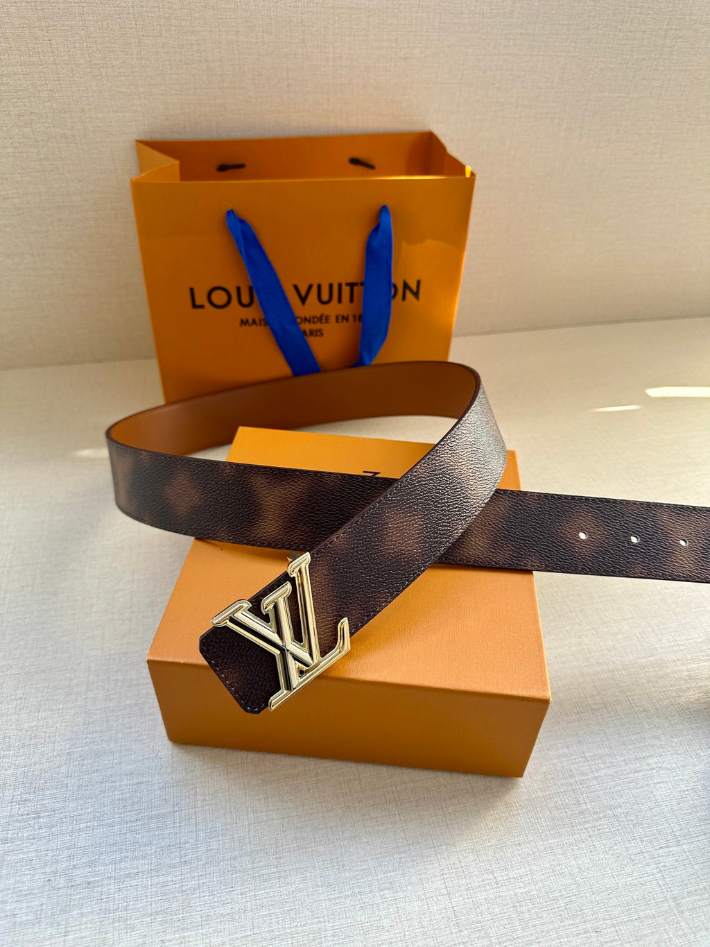 Dark brown leather belt with silver-tone LV buckle, shown in a top view.