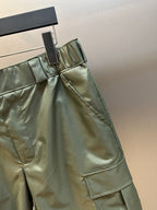 Olive cargo shorts with elastic waistband and belt loops