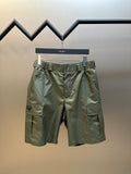 Olive cargo shorts with PRADA patch, elastic drawstring waist, side pockets