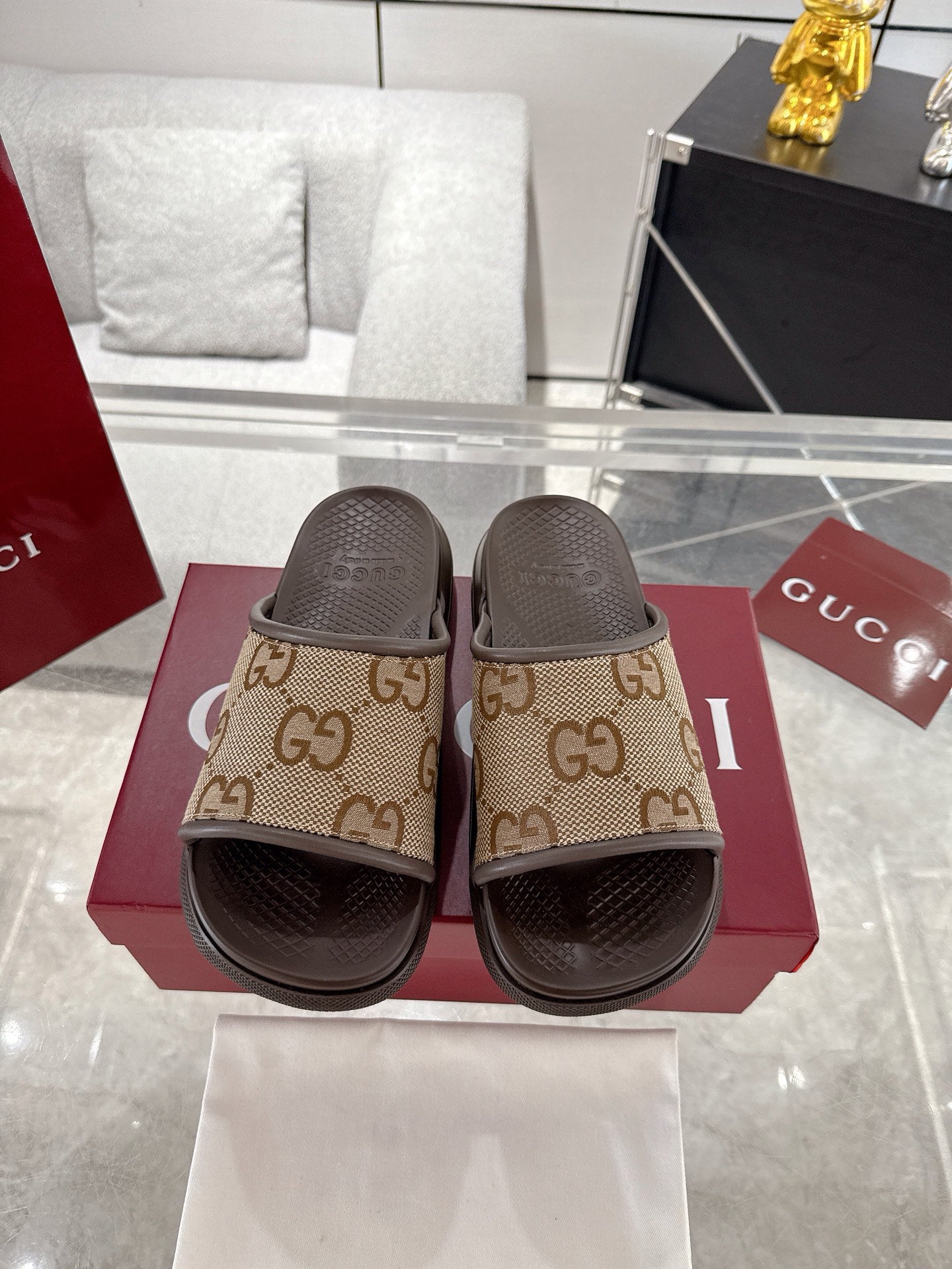Gucci GG canvas slide sandals in tan with dark brown straps