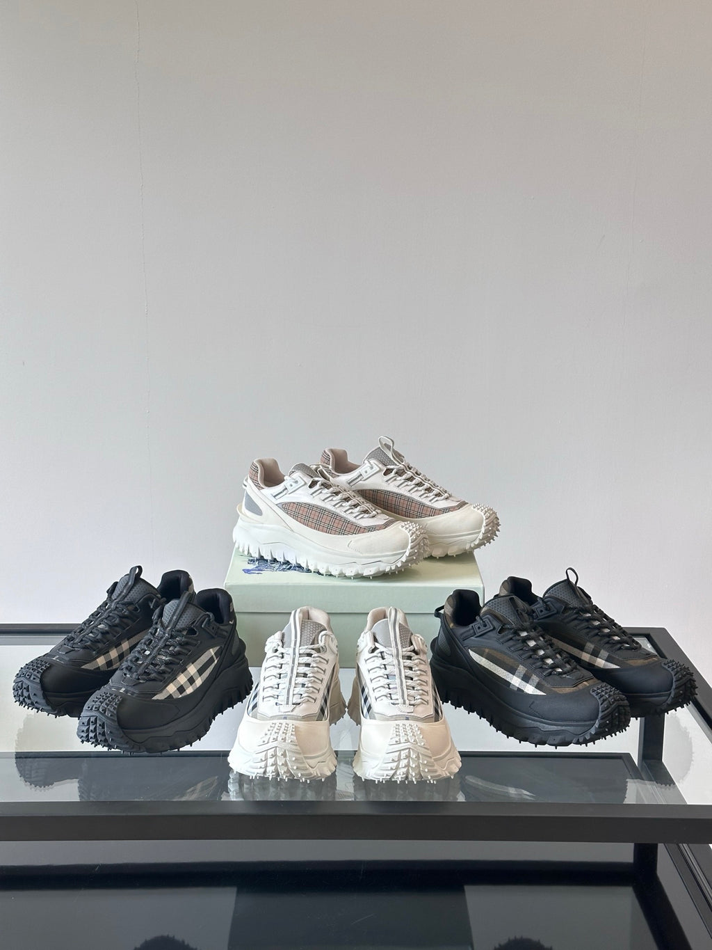 Mixed-color lace-up chunky sneakers set: black, cream, and patterned uppers