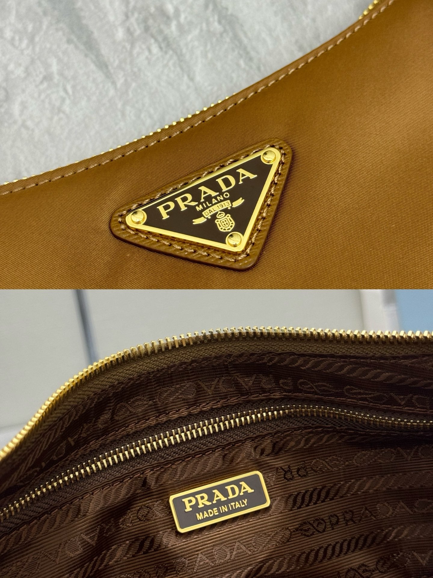 Prada tan bag close-up: gold crest logo patch and patterned lining near zipper.