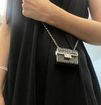 Chanel mini flap crossbody bag on person, silver ring-mesh front and gold chain