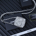 Silver-tone rhinestone square pendant necklace on link chain, centered view
