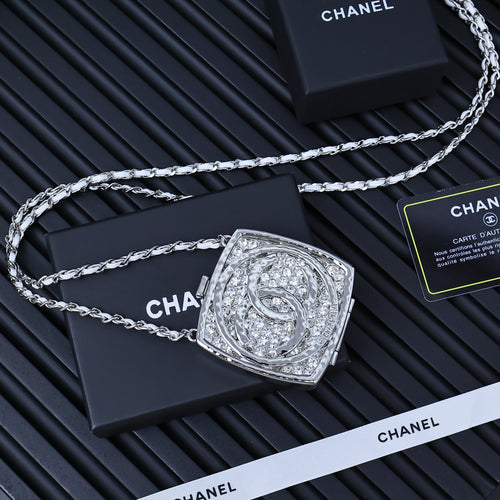 Silver-tone rhinestone square pendant necklace on link chain, centered view