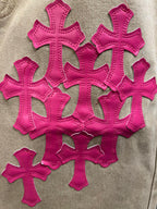 Pink cross embroidery appliques on beige denim