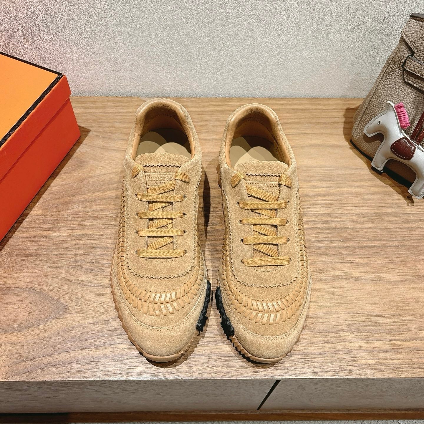 Hermes unisex sneakers, beige suede with lace-up front and textured side panel