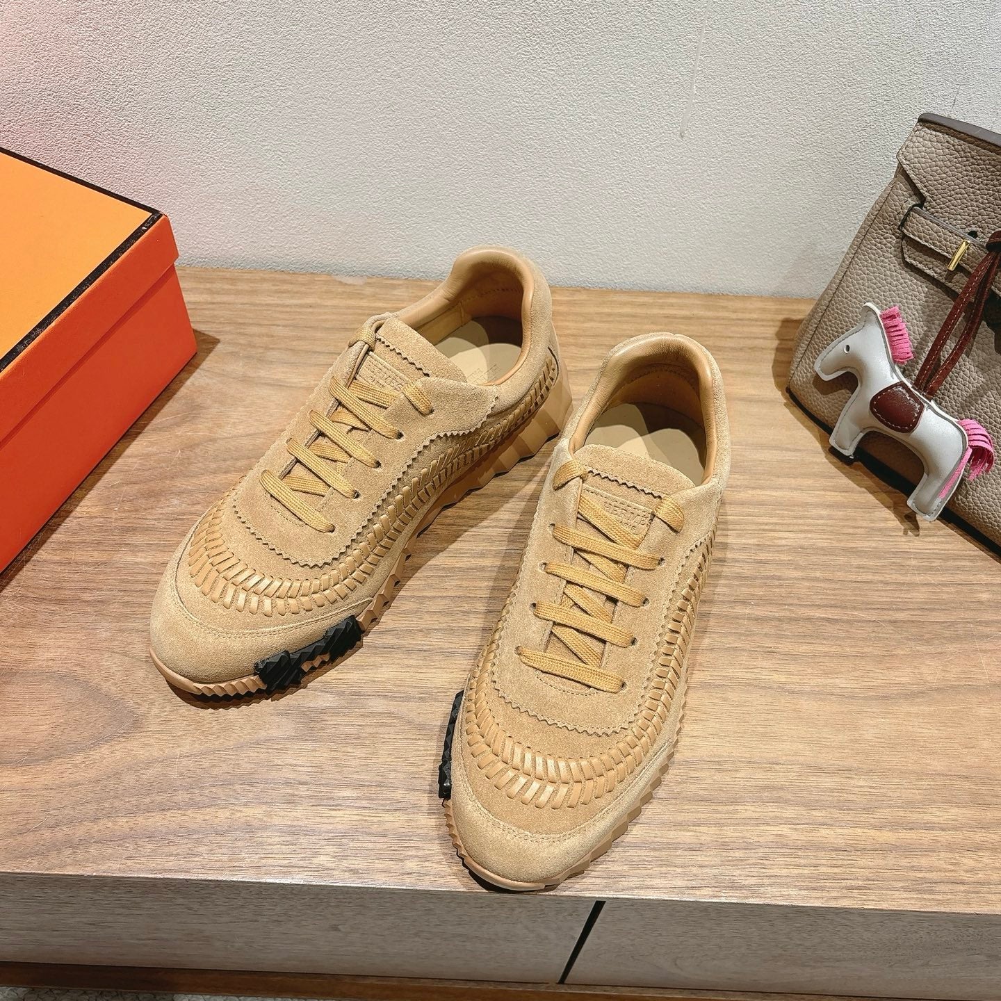Hermes unisex sneakers, beige suede uppers with lace-up and cushioned sole
