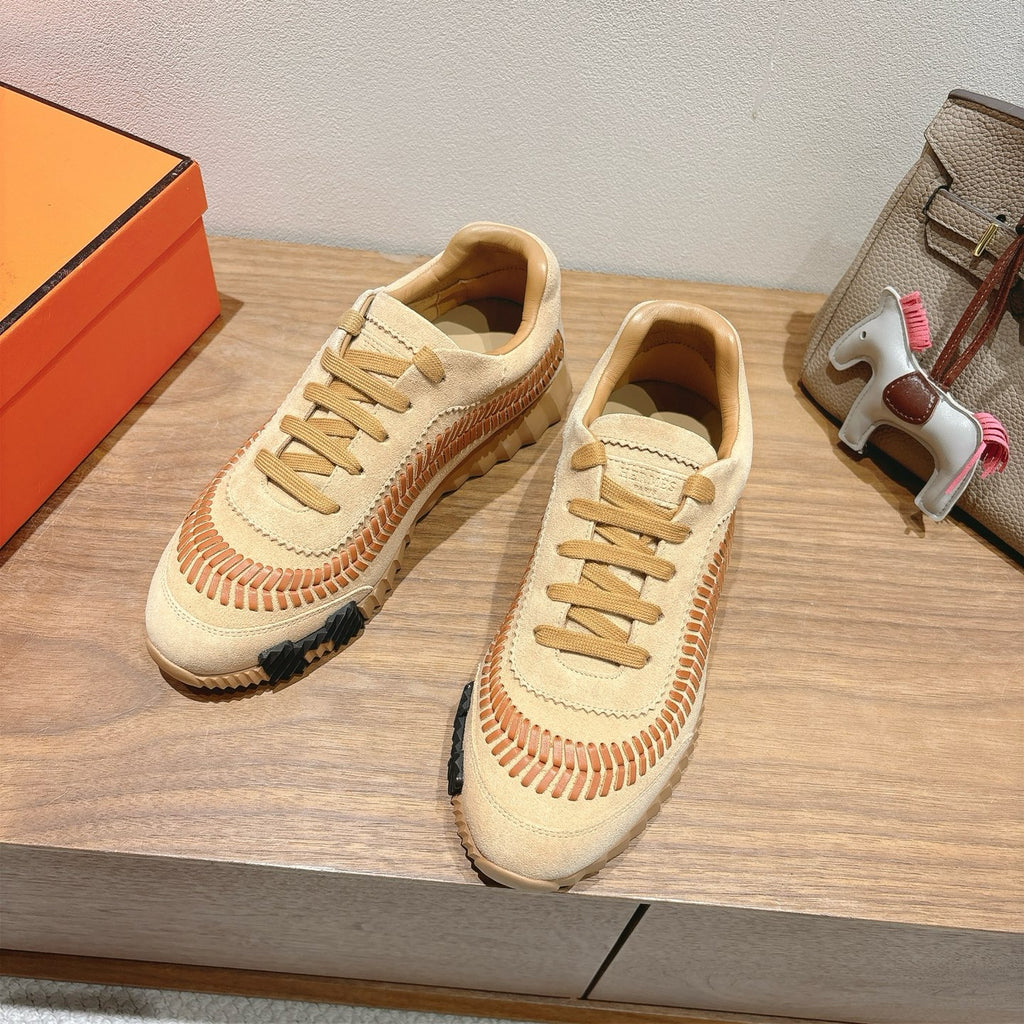Unisex suede sneakers, beige with tan laces, orange stitch detailing and chunky sole