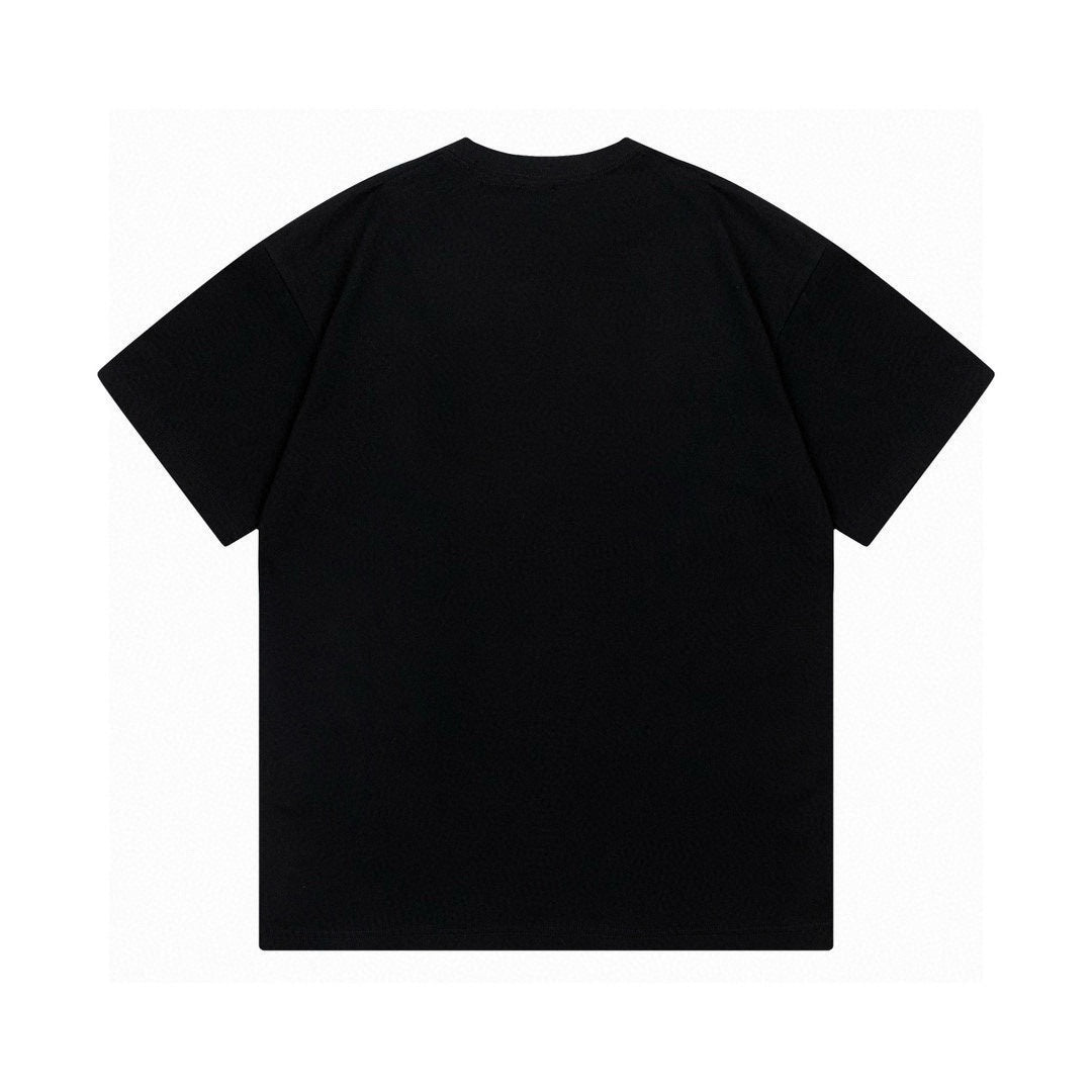 Black crewneck T-shirt with short sleeves, plain back