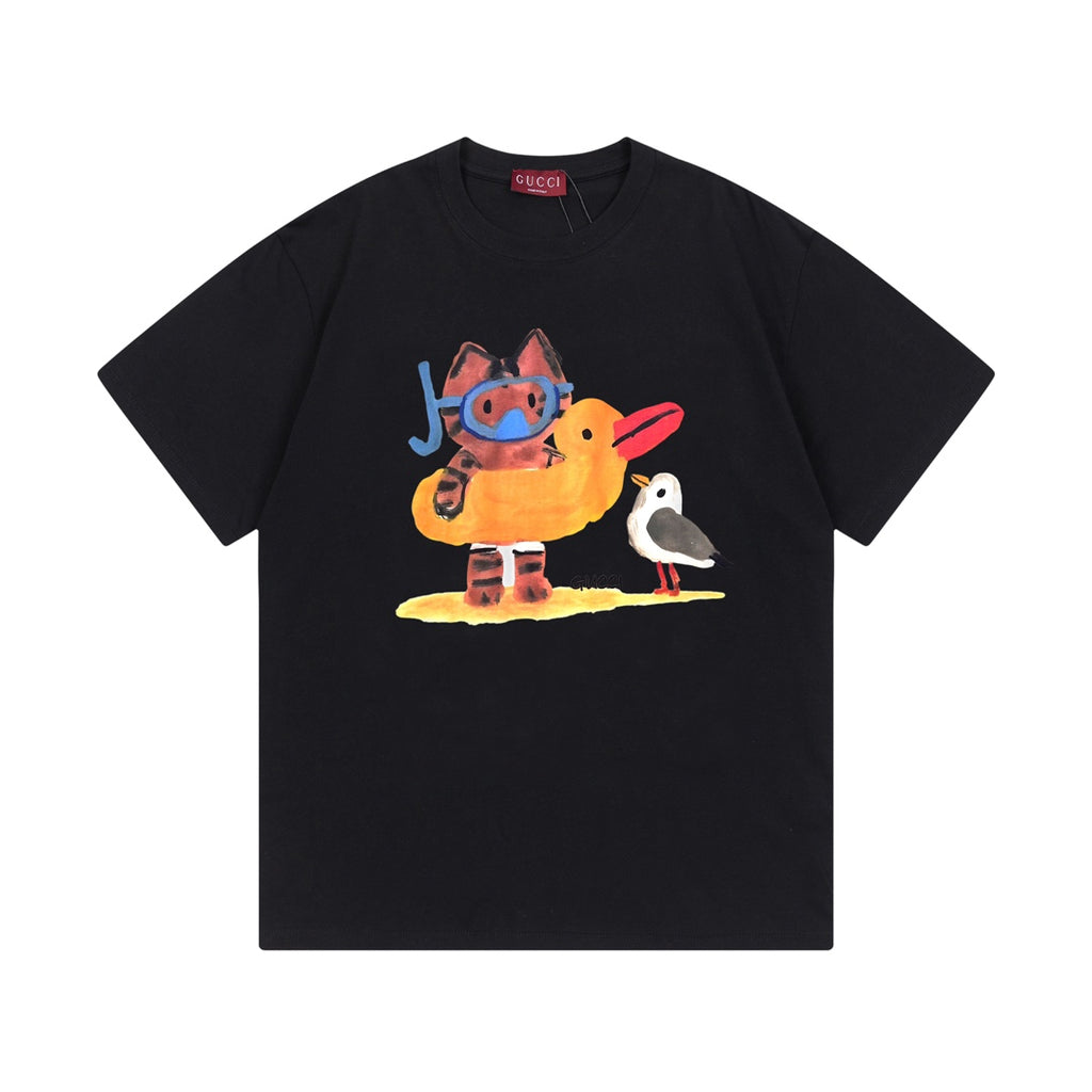 Black Gucci short-sleeve T-shirt with colorful character graphic on the front