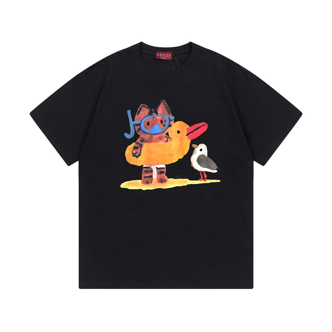 Black Gucci short-sleeve T-shirt with colorful character graphic on the front