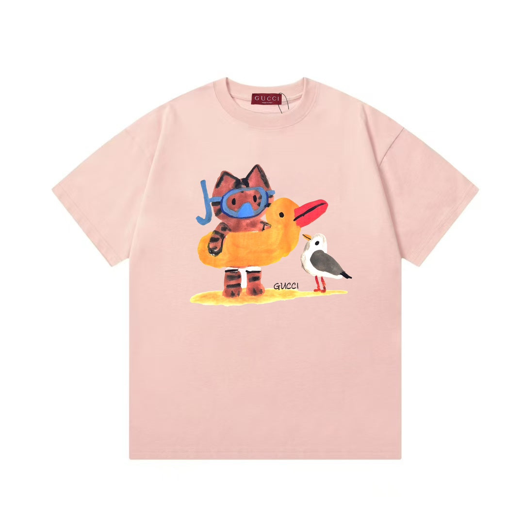 Pink short-sleeve T-shirt with colorful animal graphic and Gucci logo at chest
